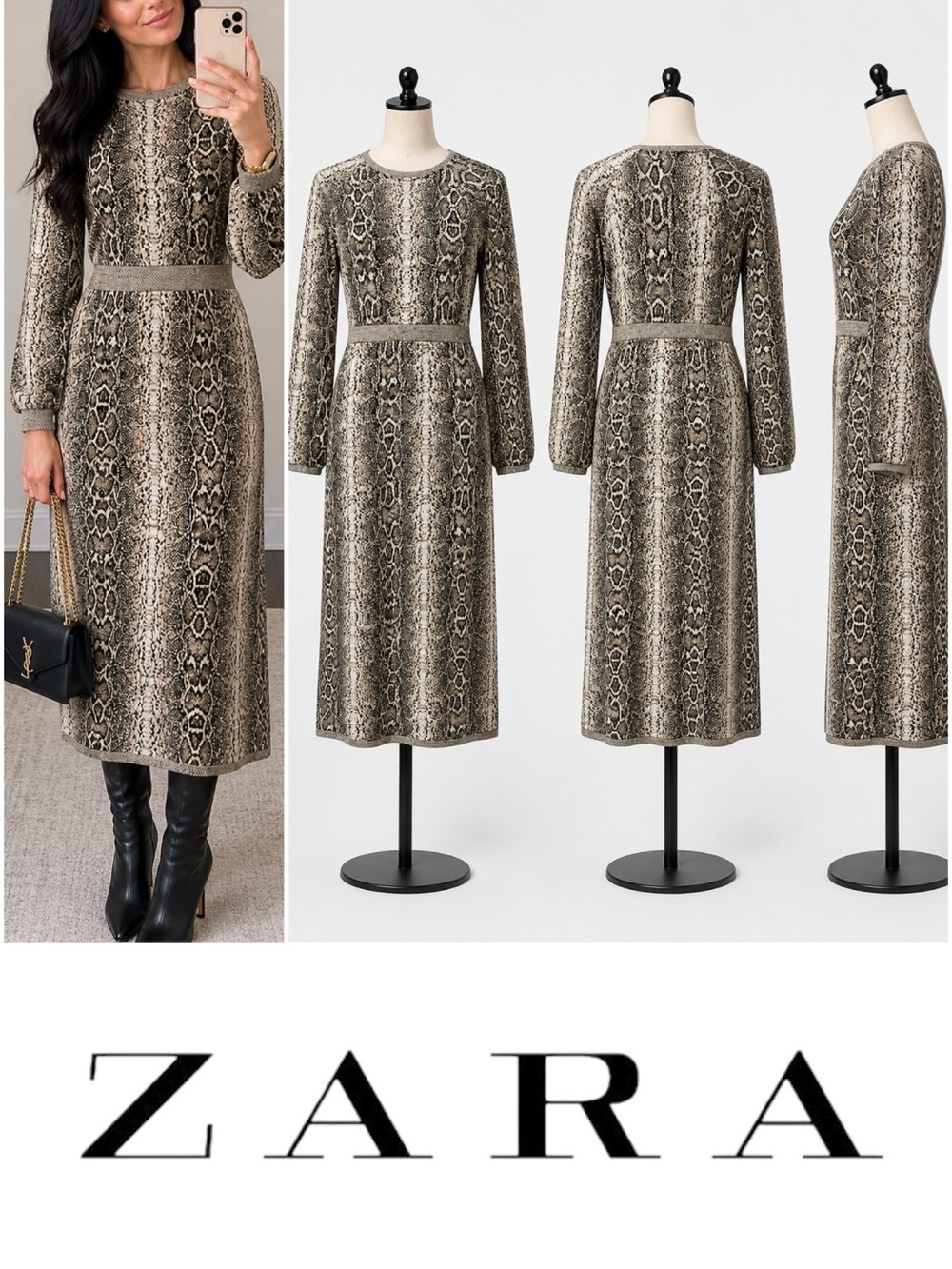 ZARA | NWOT Turkey Beige Snake-Print Kit Long Sleeve Midi Sweater Dress (size M)